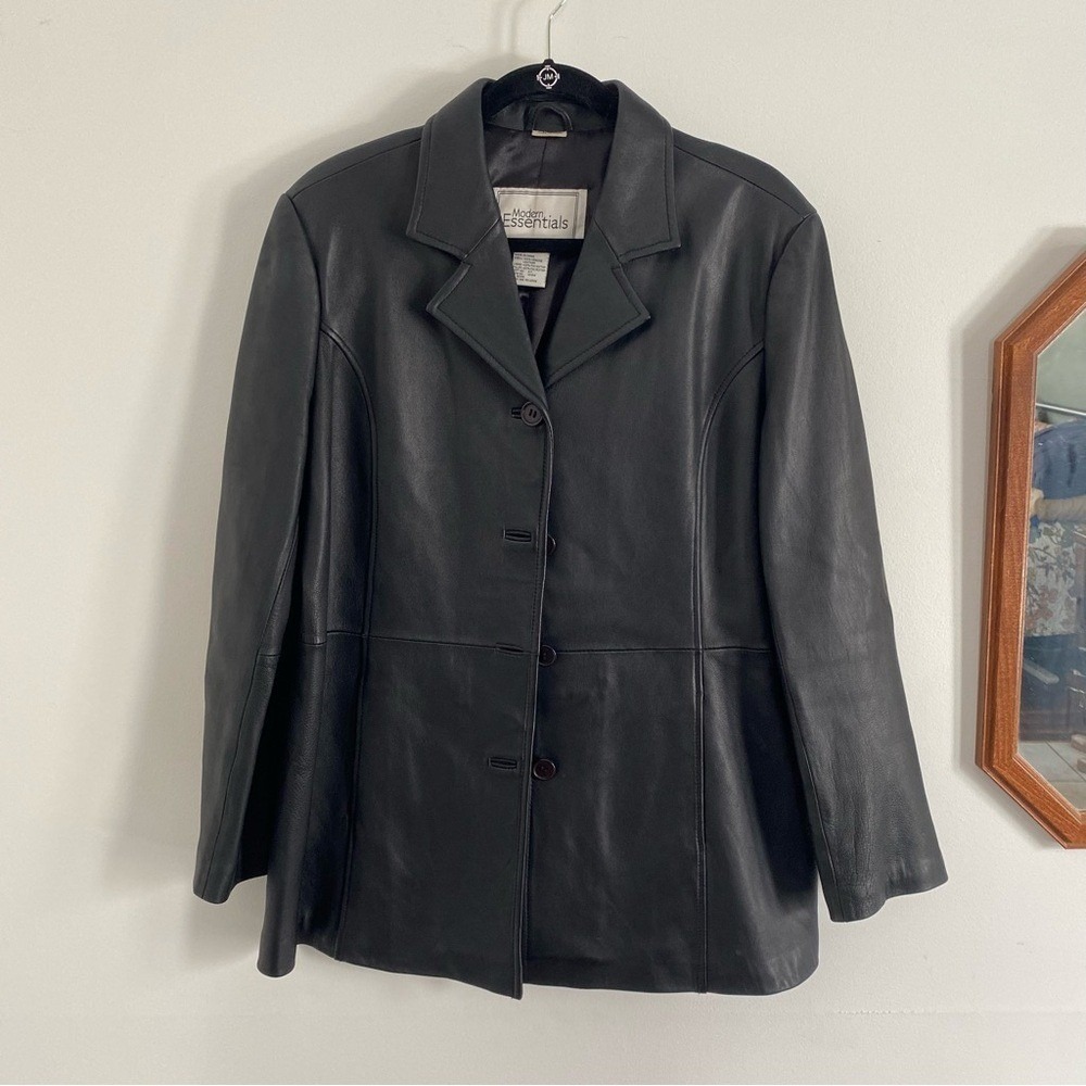 Modern Essentials‎ Black Genuine Leather Blazer Jacket Button Front Women's L